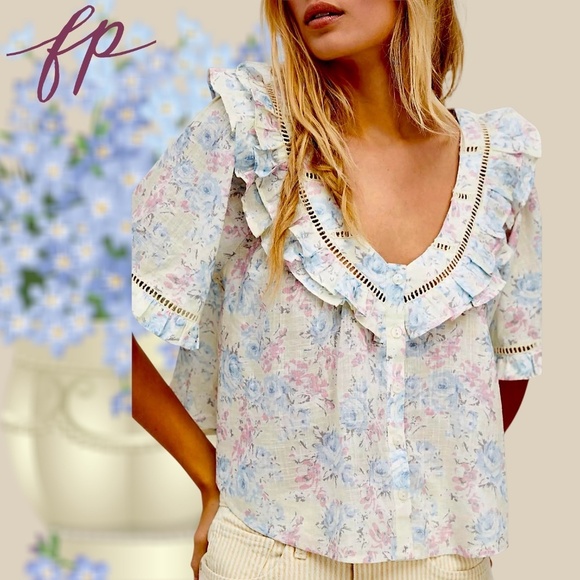NWT FREE PEOPLE Unreal Love Floral Print Ruffle Collar Short Sleeve Cotton Top - Picture 3 of 10